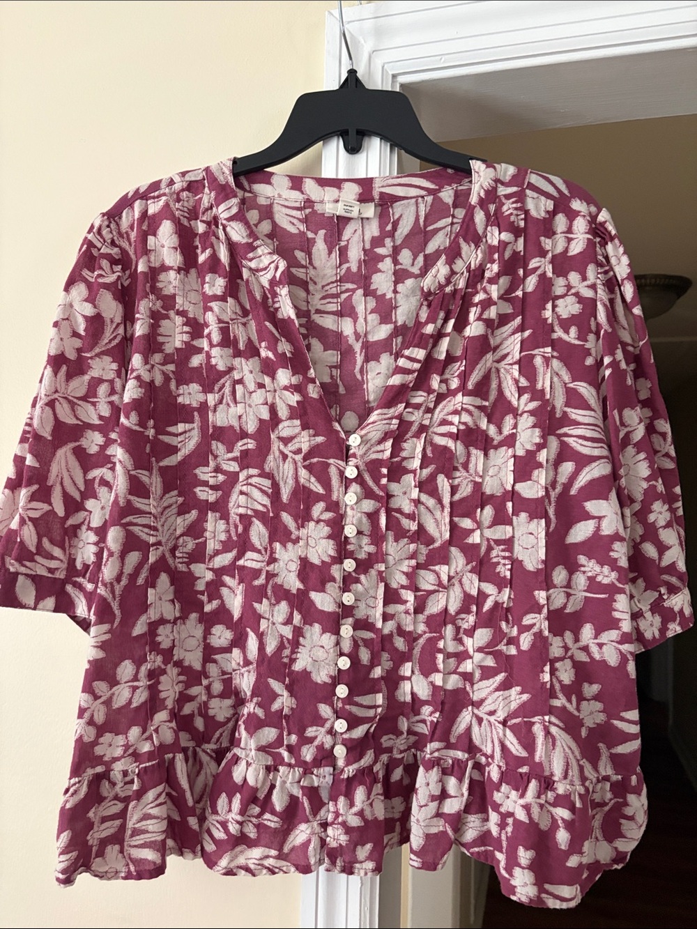 Floral Button-Front Blouse in Deep Pink - Womenโs Relaxed Top